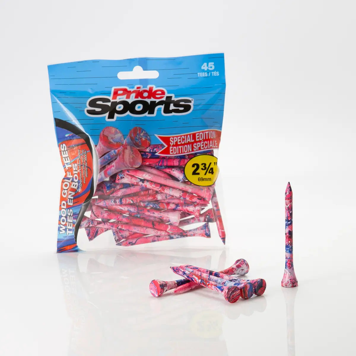 2-3/4" Paint Splatter Tee packaging in red/blue colors with "Pride Sports" as the label. 6 splatter tees positioned next to the bag.