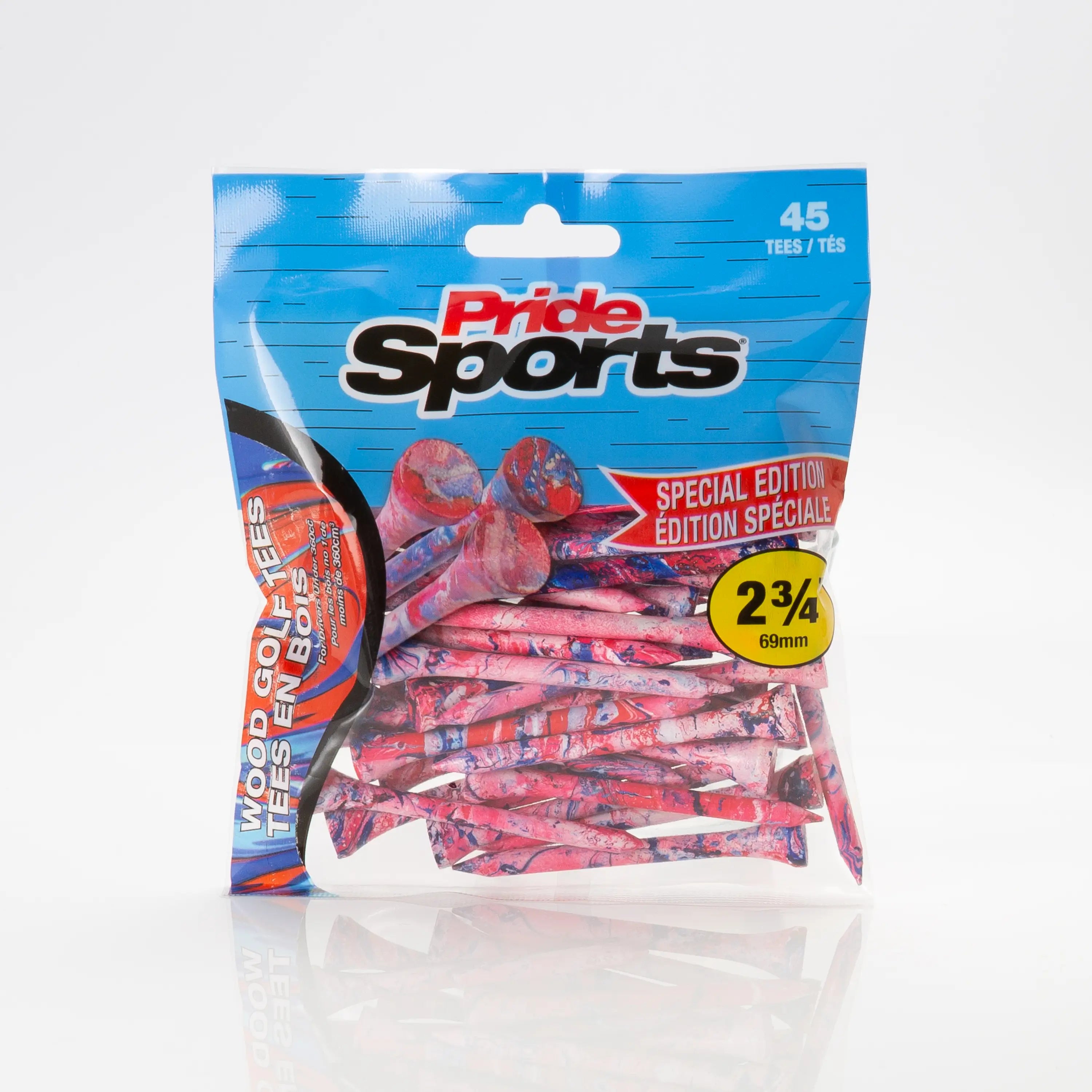2-3/4" Paint Splatter Tee packaging in red/blue colors with "Pride Sports" as the label.