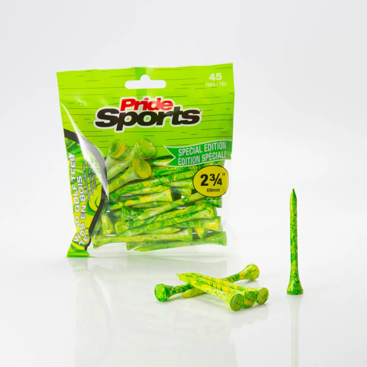 2-3/4" Paint Splatter Tee packaging in green/yellow colors with "Pride Sports" as the label. 6 splatter tees positioned next to the bag.