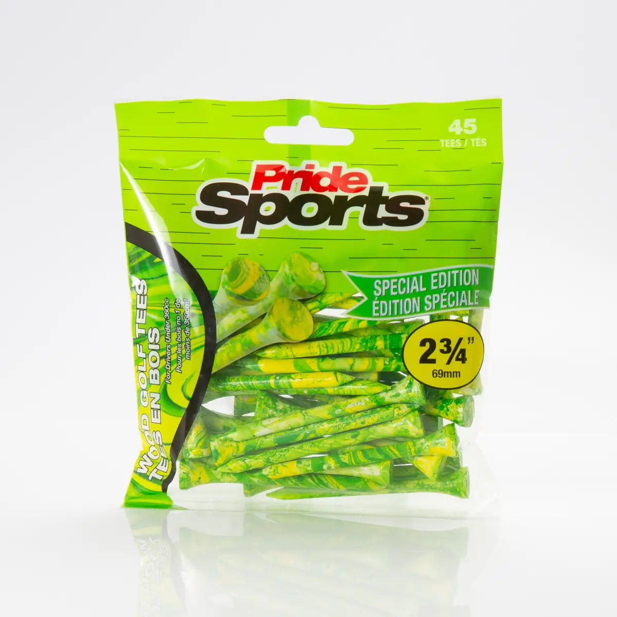 2-3/4" Paint Splatter Tee packaging in green/yellow colors with "Pride Sports" as the label.