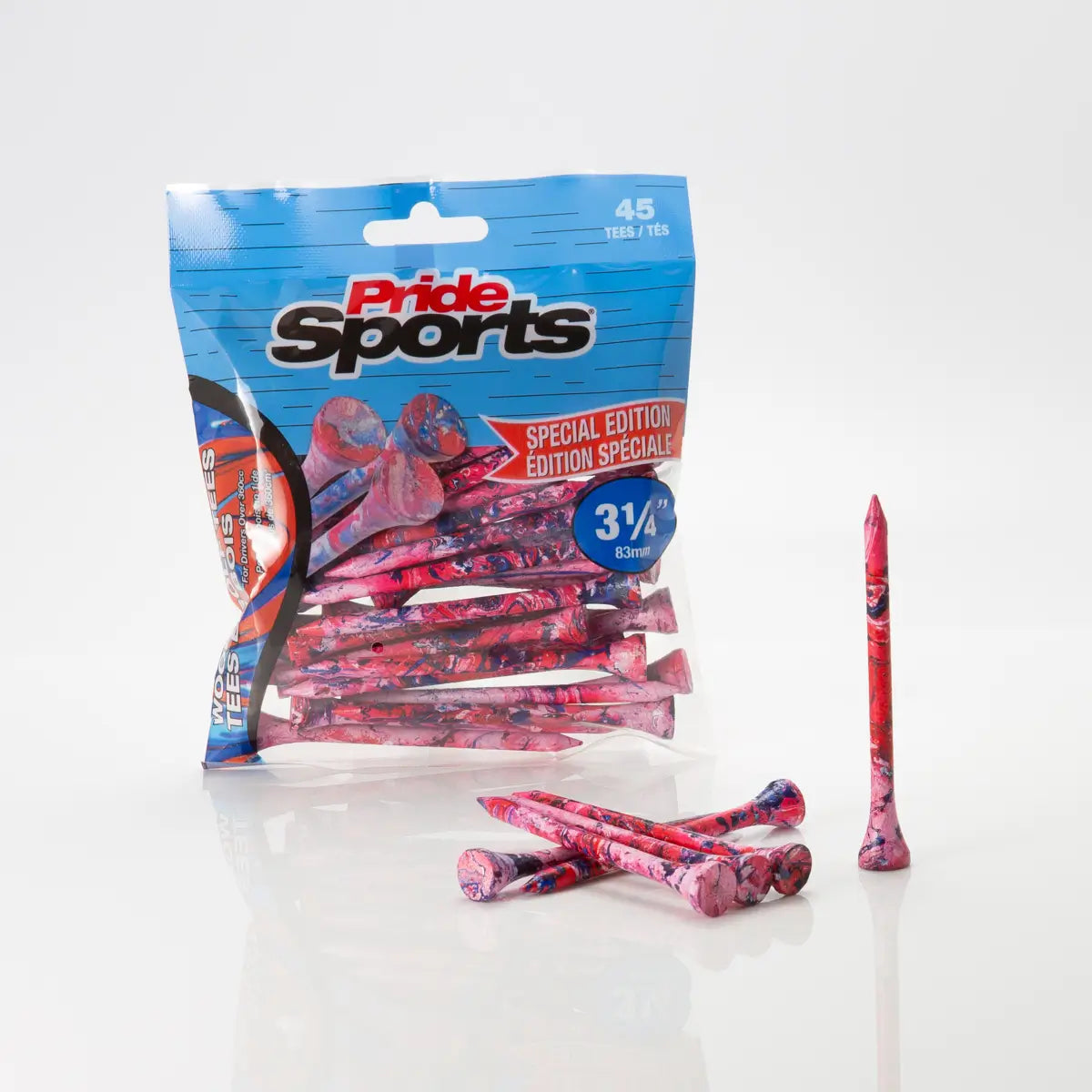 3-1/4" Paint Splatter Tee packaging in red/blue colors with "Pride Sports" as the label. 6 splatter tees positioned next to the bag.