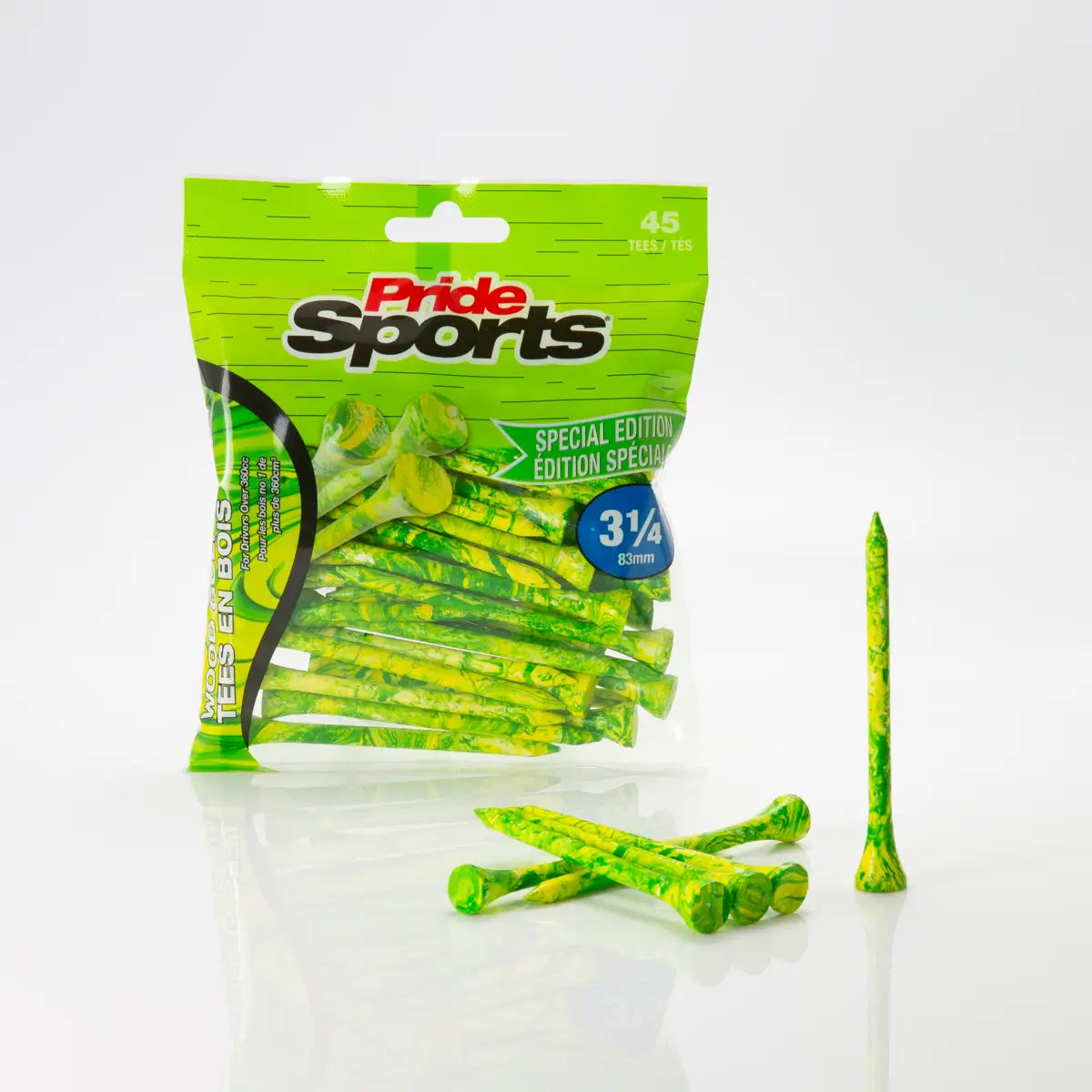 3-1/4" Paint Splatter Tee packaging in green/yellow colors with "Pride Sports" as the label. 6 splatter tees positioned next to the bag.