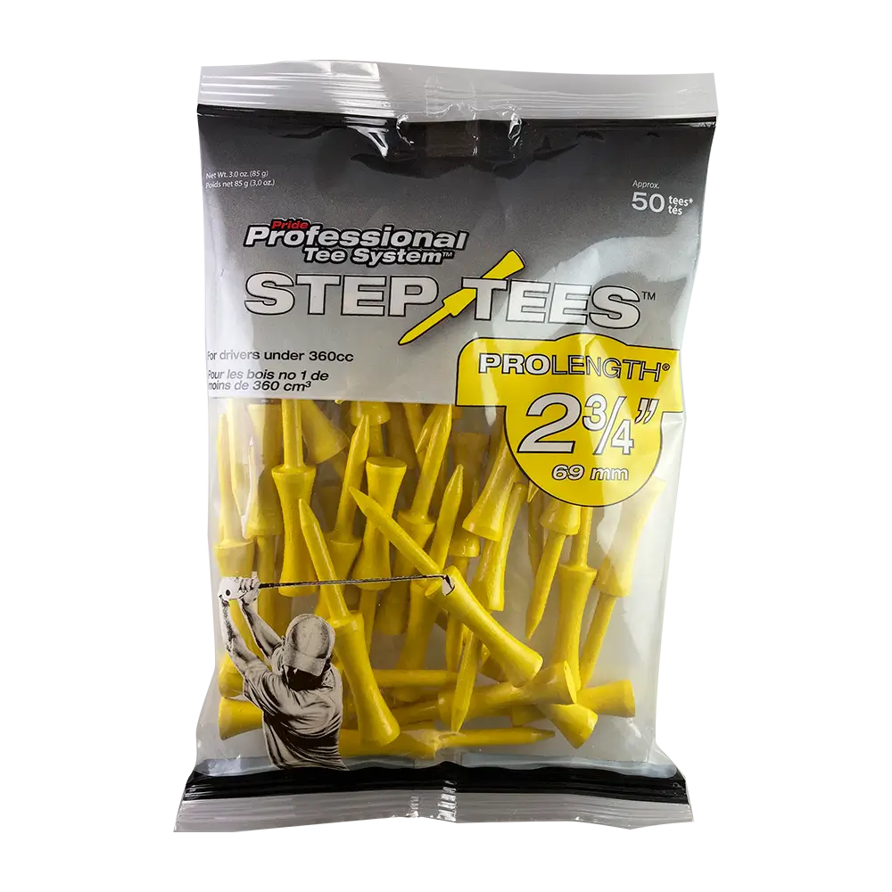Bag of yellow pts step tees tee packaging.