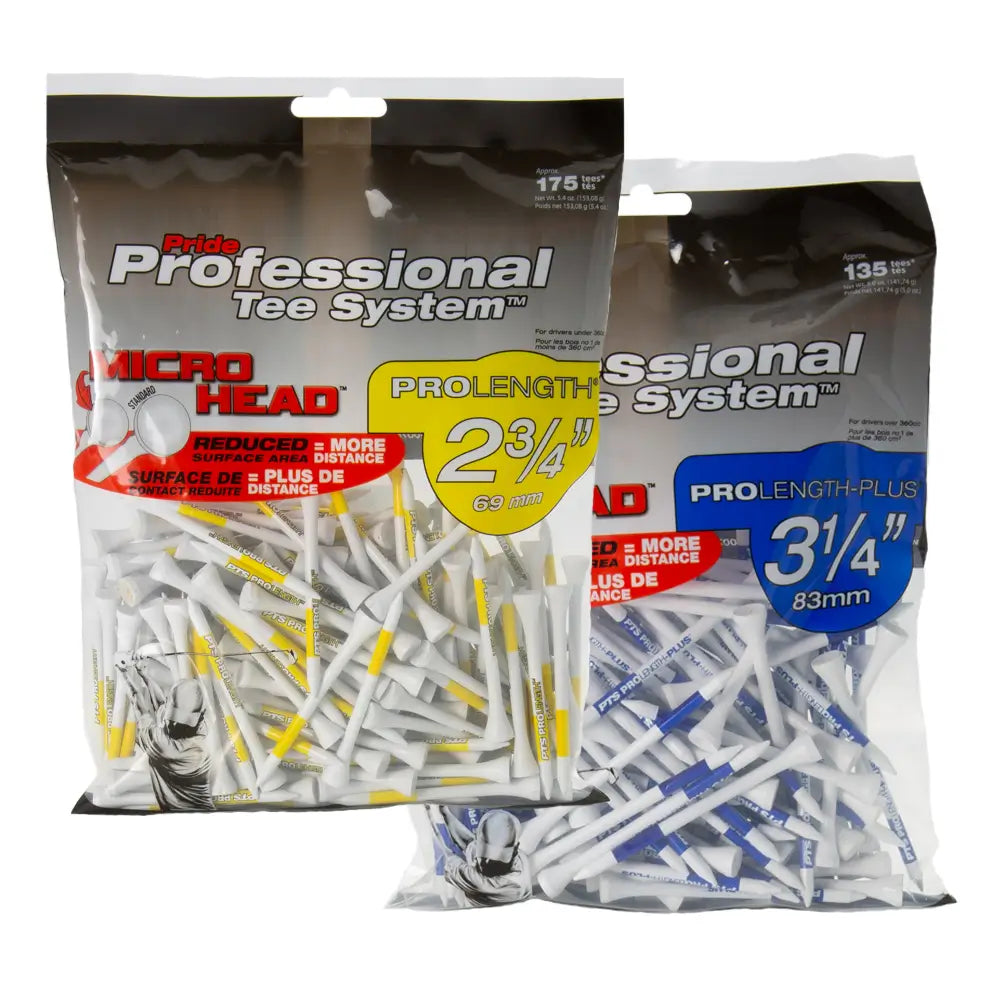 Two packages of Pride Professional Tee System with different tee lengths on a white background.