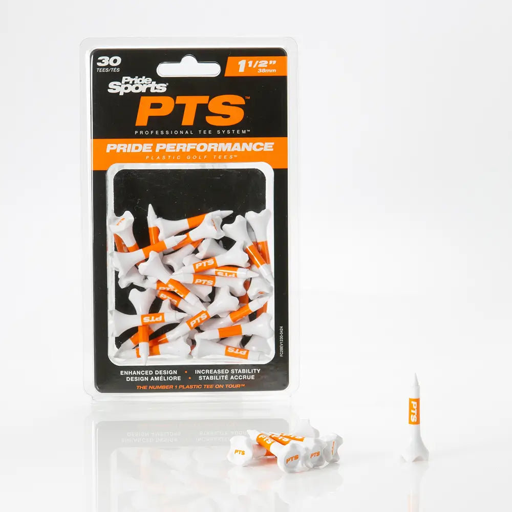Packaging of PrideSports PTS plastic tee system with white and orange tees on a light gray background.