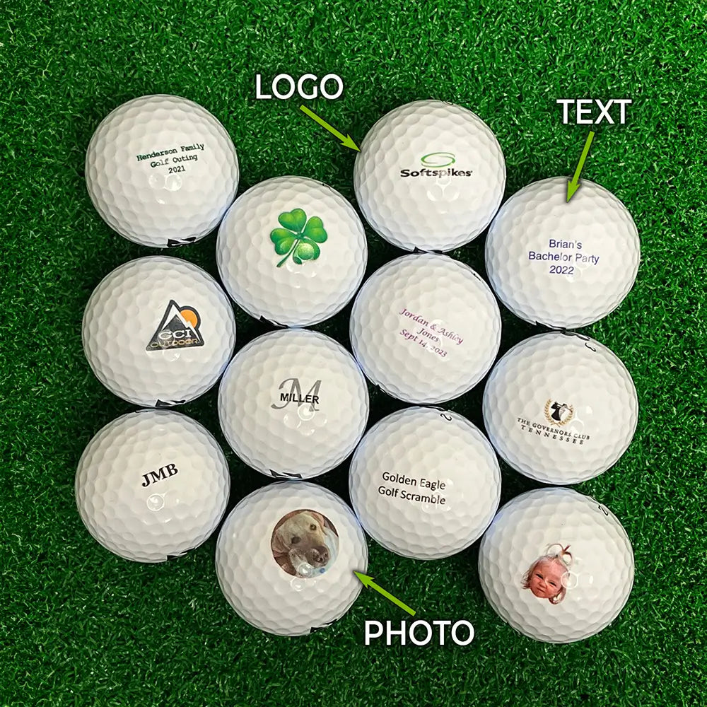 Collection of personalized Bridgestone golf balls with various designs on a green surface