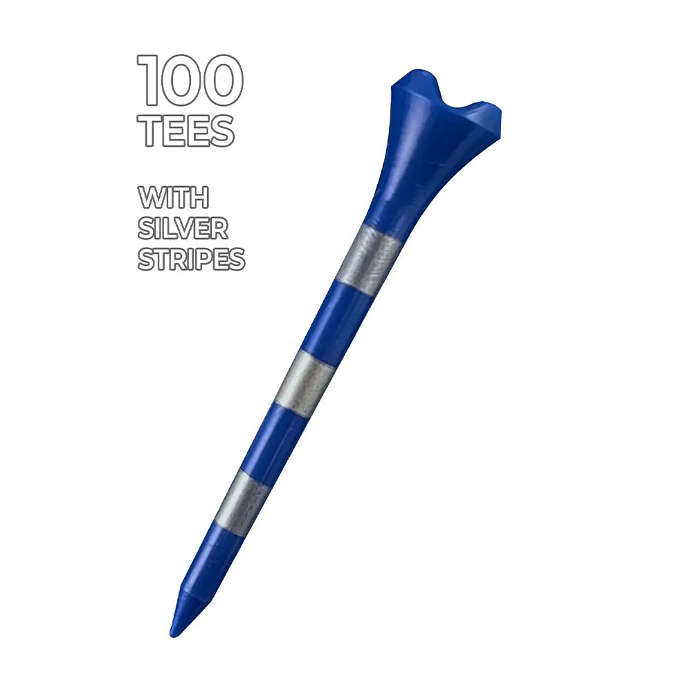A Blue and Silver 2-3/4" Pride Performance® Striped Golf Tee showing it comes in 100 quantity.