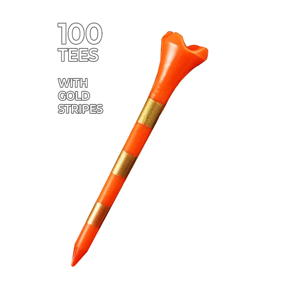 A Orange and Gold 2-3/4" Pride Performance® Striped Golf Tee showing it comes in 100 quantity.