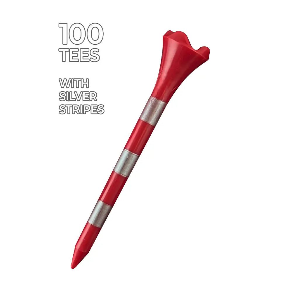 A Red and Silver 2-3/4" Pride Performance® Striped Golf Tee showing it comes in 100 quantity.