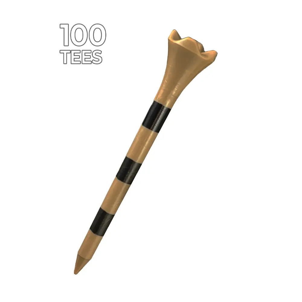 A Gold and Black 2-3/4" Pride Performance® Striped Golf Tee showing it comes in 100 quantity.