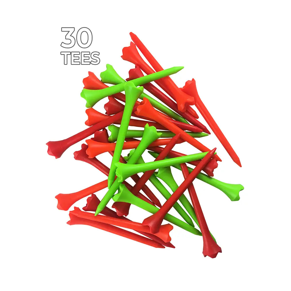Red and Green Pride Performance® Matte Finish Plastic Tees with the words "30 Tees" next to it.