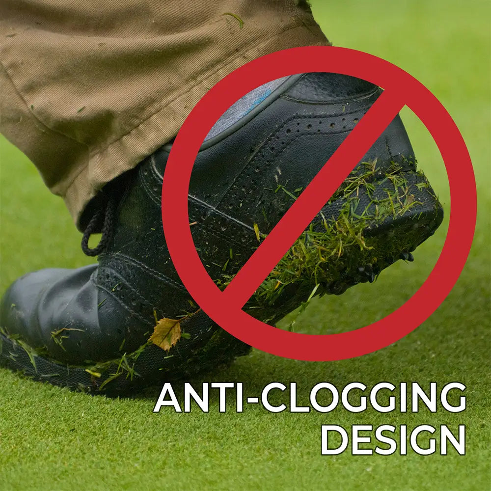 A shoe covered in grass turf with text underneath saying anti-clogging design.