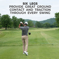 Golfer standing on a golf course with text reading 'Six Legs' also 'Provide great ground contact and traction through every swing'