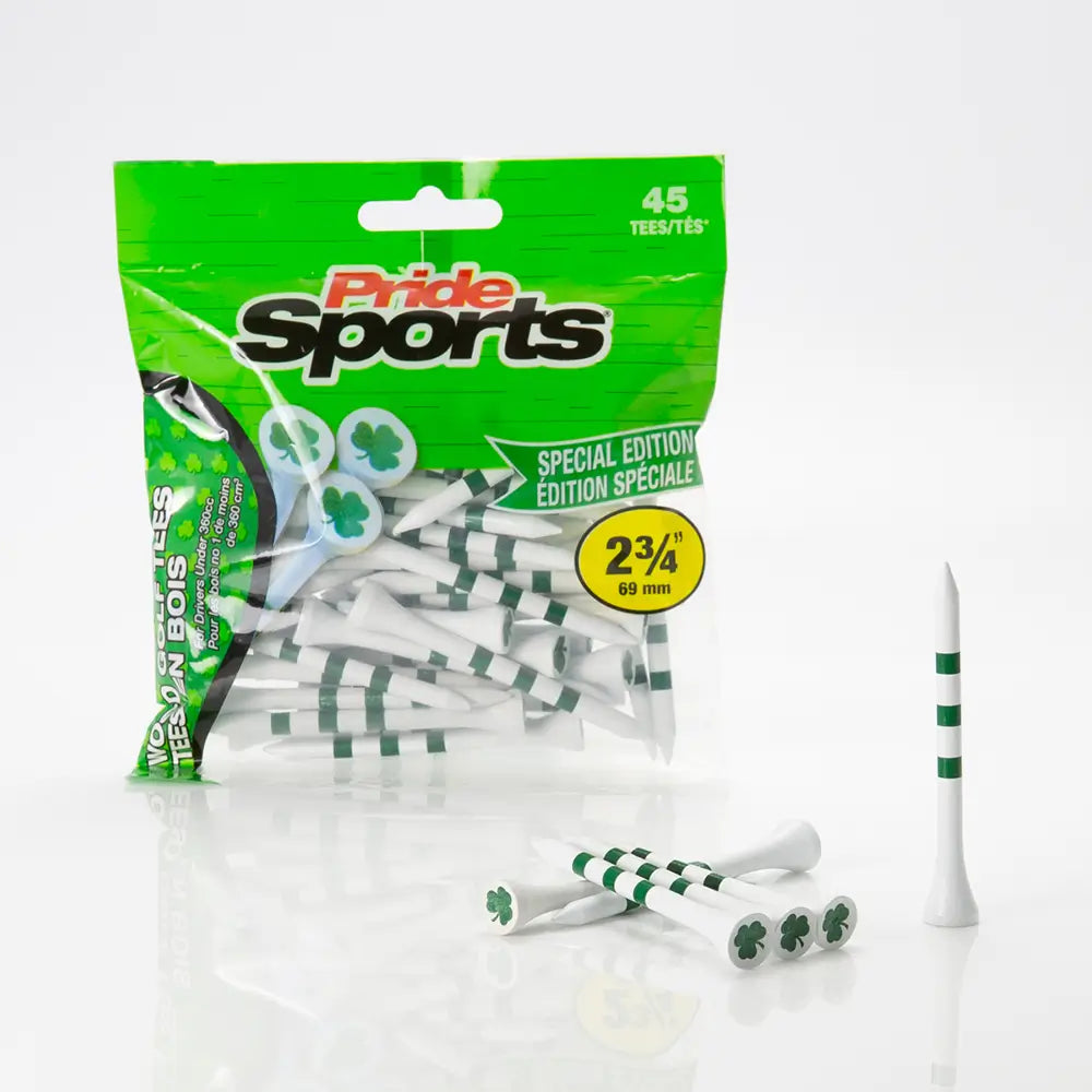 Pride Sports golf tees packaging with green and white design on a white background