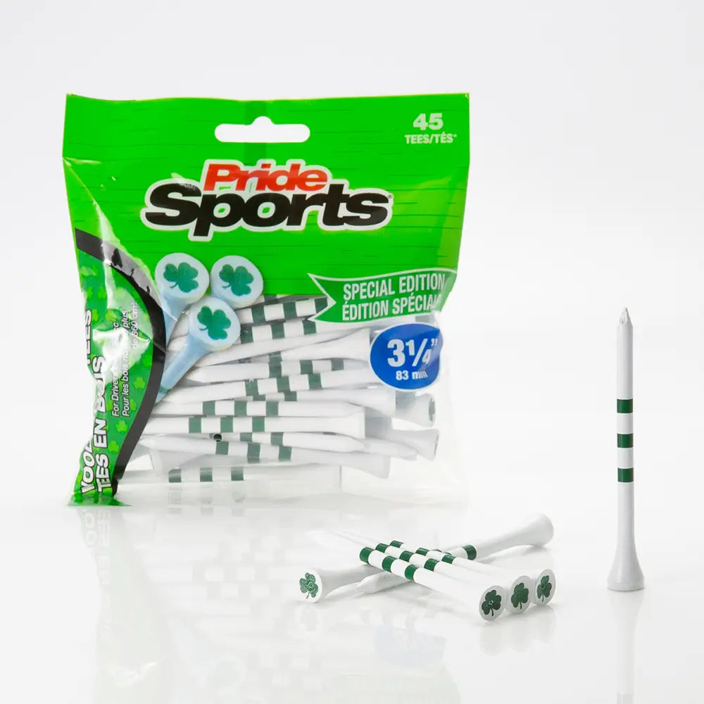 Pride Sports golf tee package with green and white design on a white background
