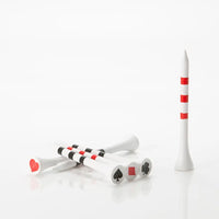 Golf tees with playing card suits and a white and red striped tee on a white background