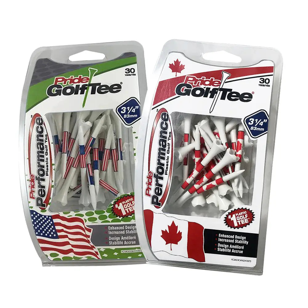 Two packages of Pride Golf Tee with American and Canadian flags on a white background