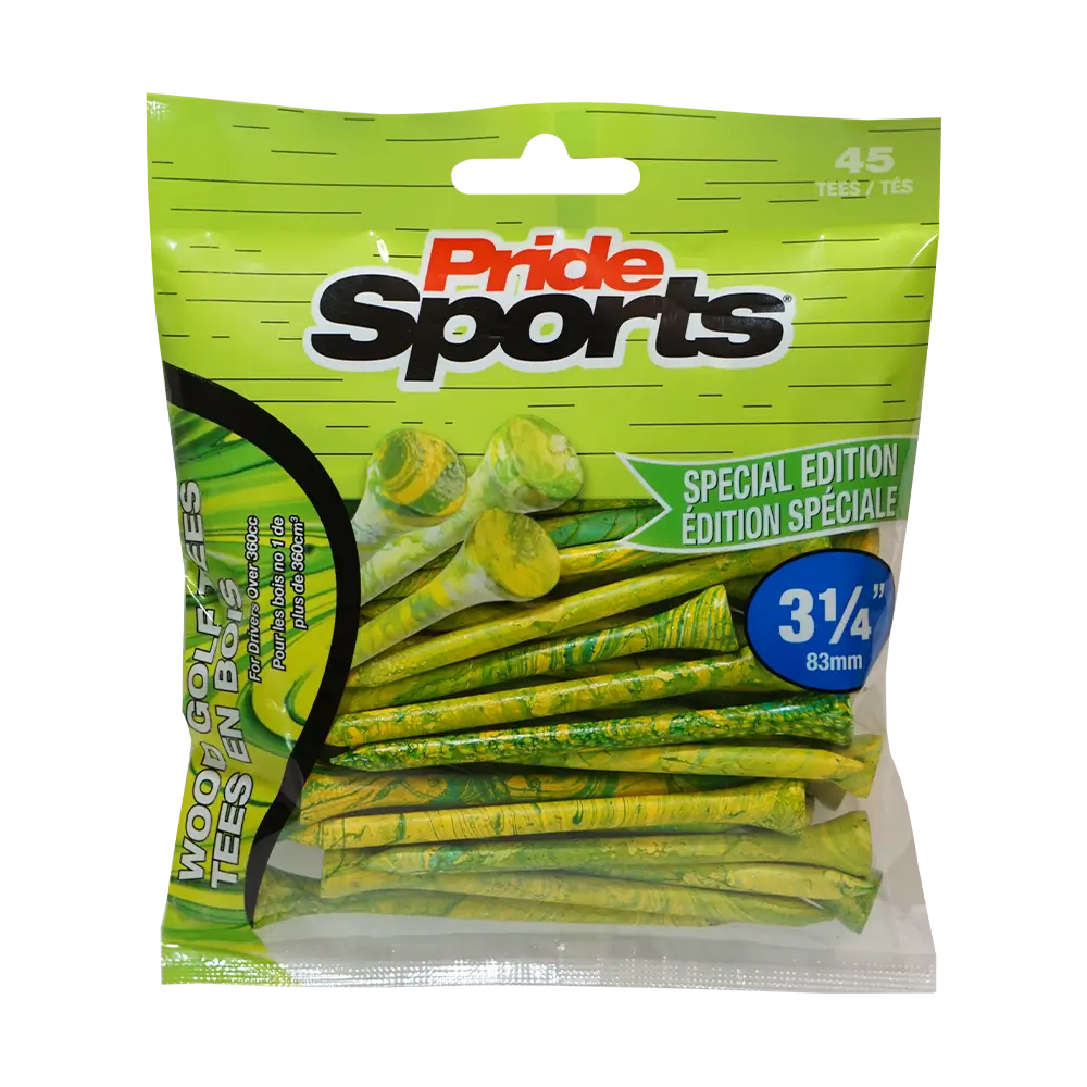 3-1/4" Paint Splatter Tee packaging in green/yellow colors with "Pride Sports" as the label.
