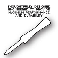 Outline of a golf tee with text about design, performance, and durability on a white background