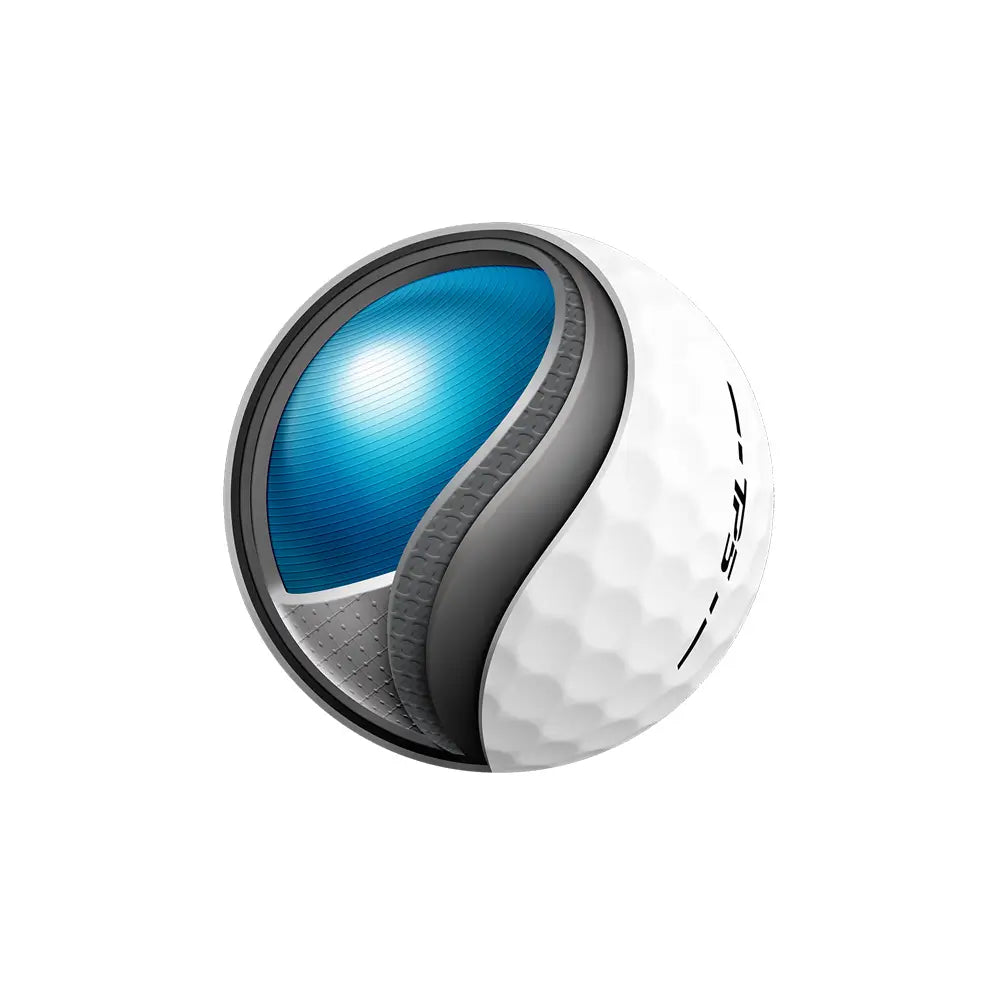 Cut away of a Taylormade TP5 golf ball with a textured blue interior on a white background