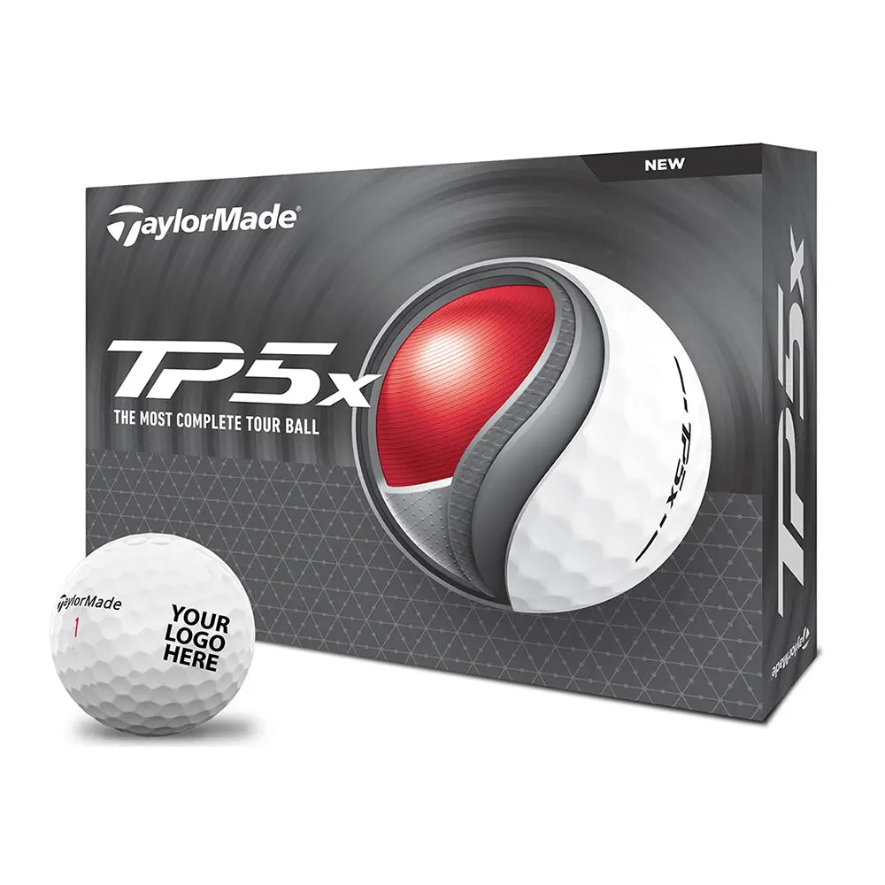 TaylorMade TP5x golf ball packaging with a golf ball in front