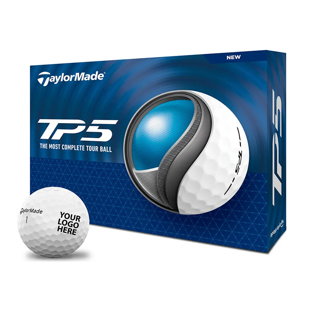 TaylorMade TP5 golf ball packaging with a golf ball in front
