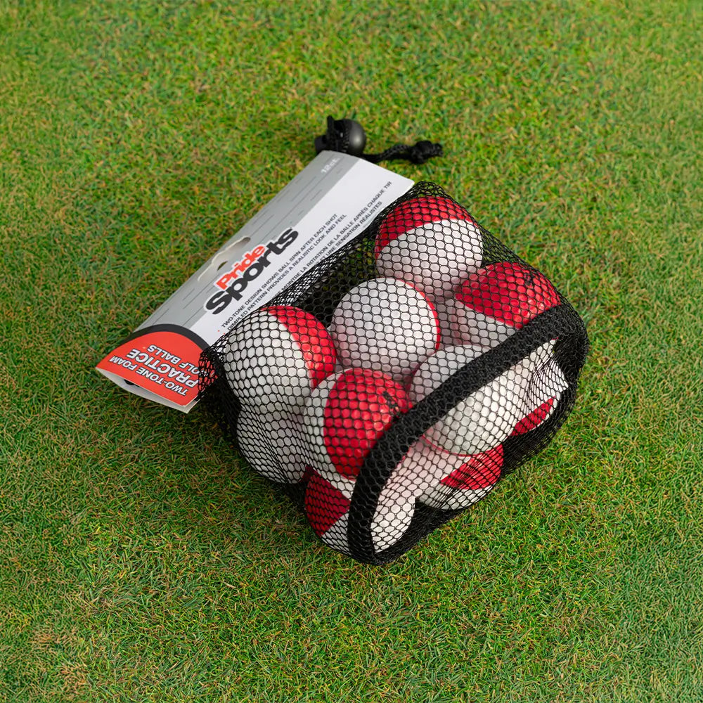 Packaging of the two tone foam practice balls on grass turf.