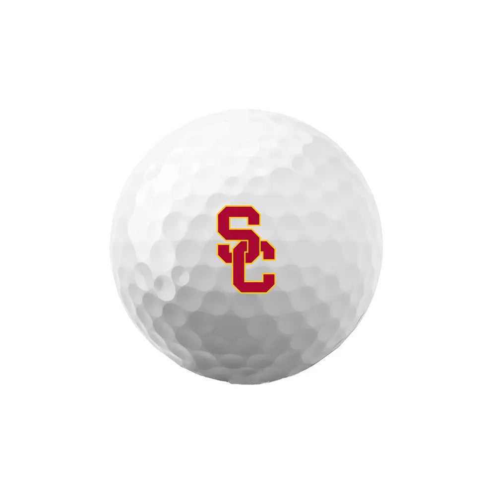 White Bridgestone e6 golf ball with a USC logo on a white background