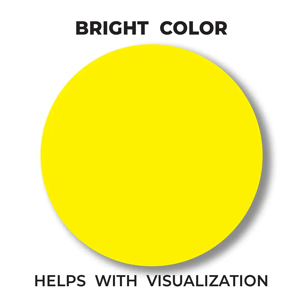 Yellow circle with text 'BRIGHT COLOR HELPS WITH VISUALIZATION' on a white background