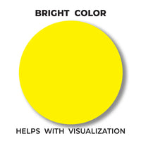 Yellow circle with text 'BRIGHT COLOR HELPS WITH VISUALIZATION' on a white background