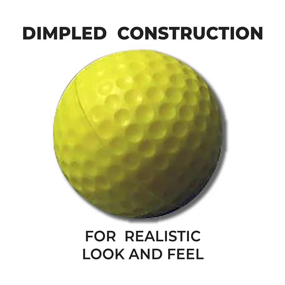 Yellow foam practice golf ball with dimpled construction on a white background