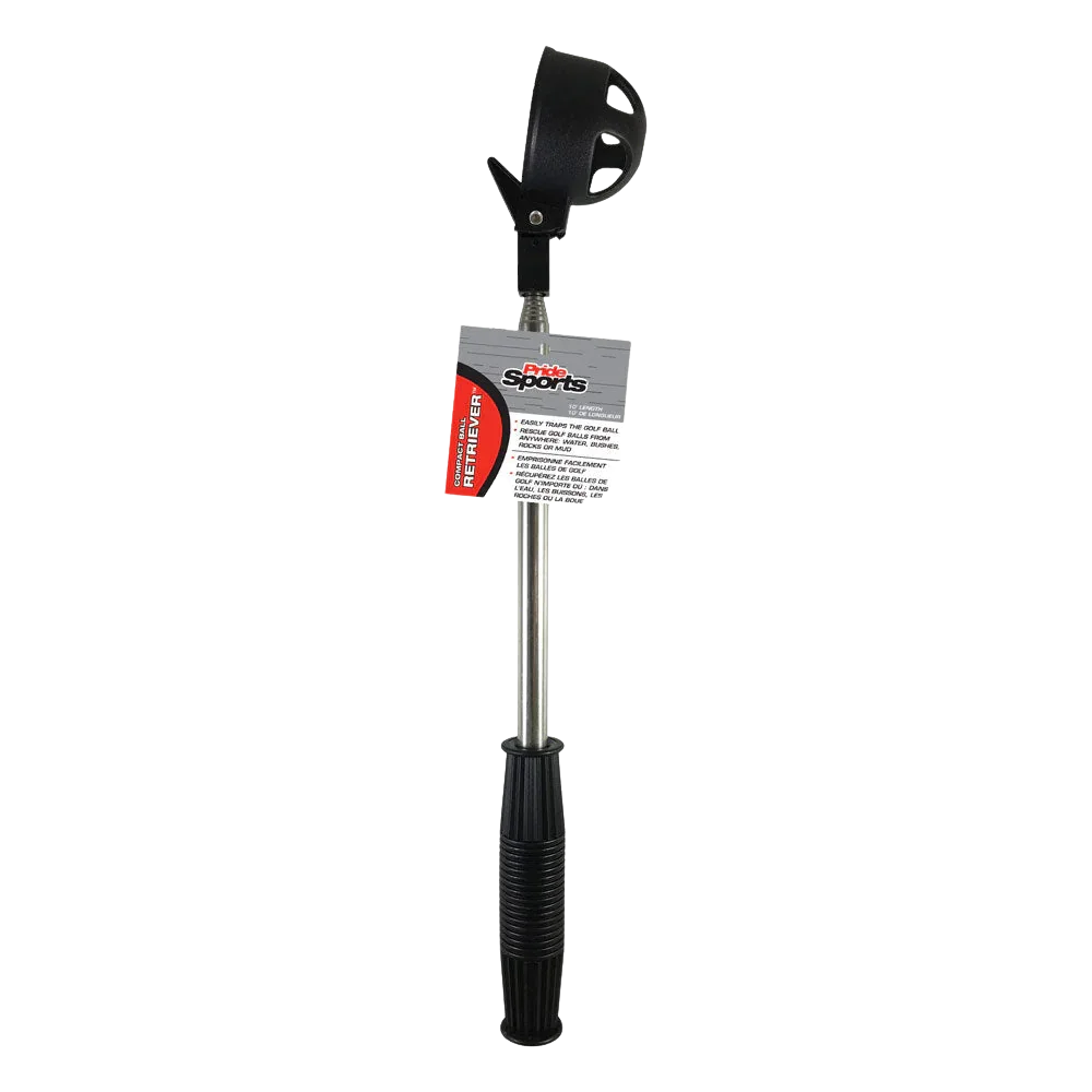 Retractable golf ball retriever with black handle and silver shaft on a white background