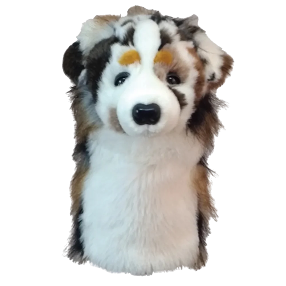 Golf club headcover shaped like a plush Australian Shepherd dog.