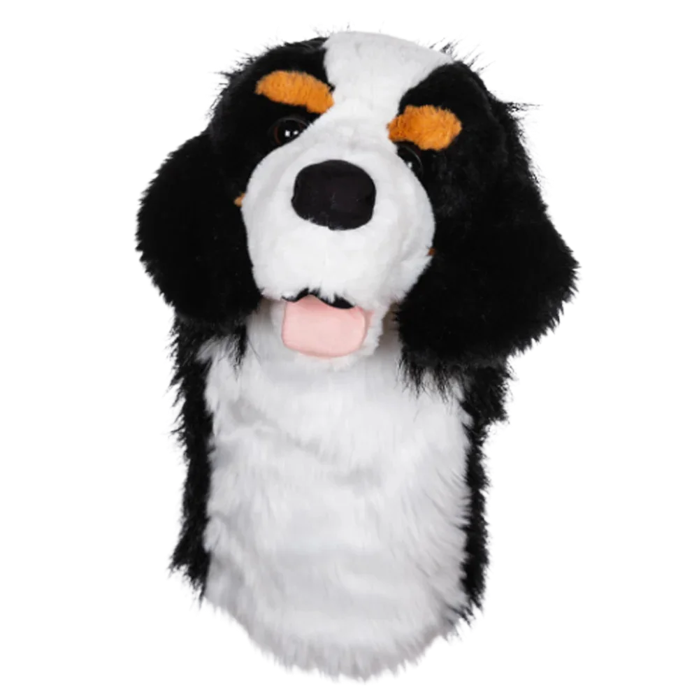 Golf club headcover shaped like a plush Bernese dog.