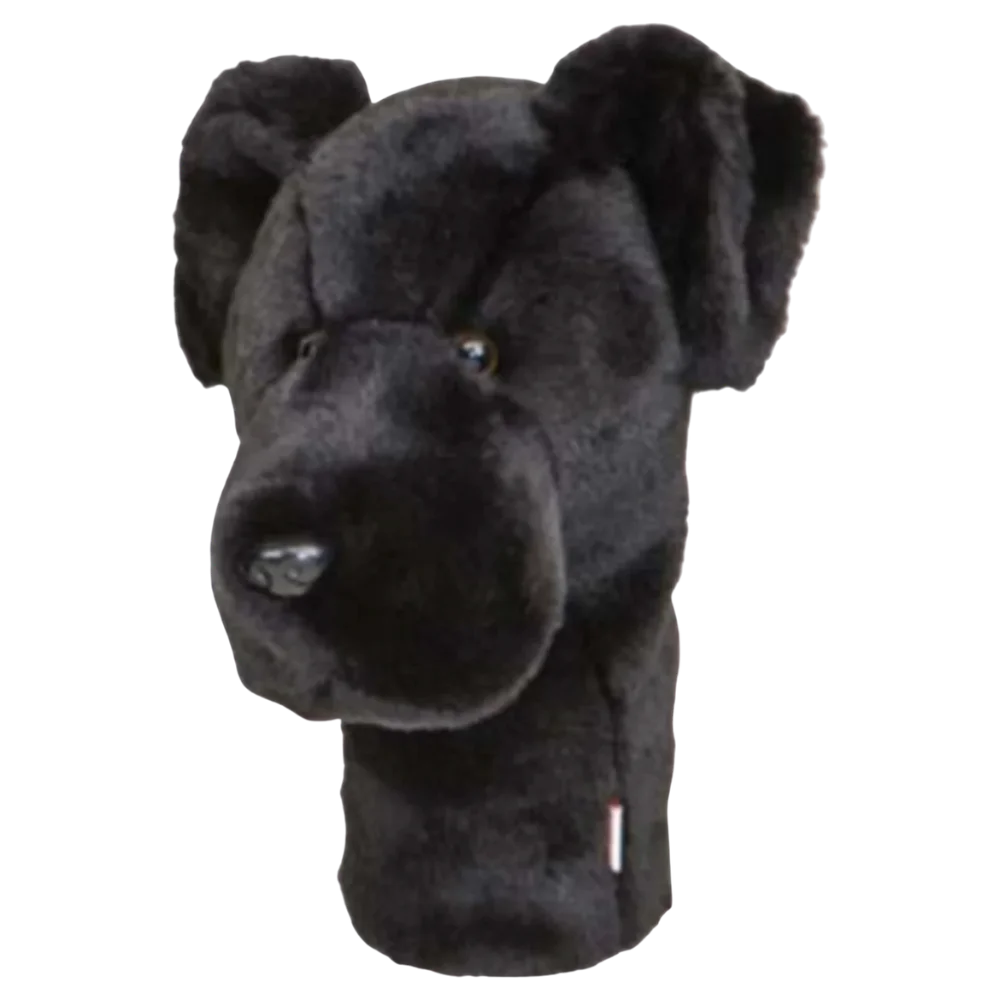 Golf club headcover shaped like a plush Black Lab dog.