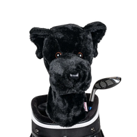 A plush dog headcover peeks out from a golf bag, featuring a fluffy design.