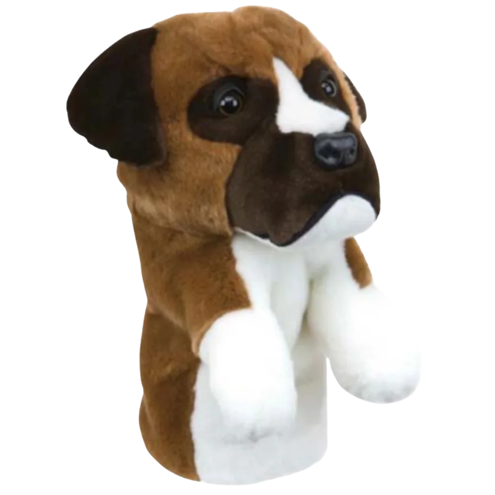 Golf club headcover shaped like a plush Boxer dog.