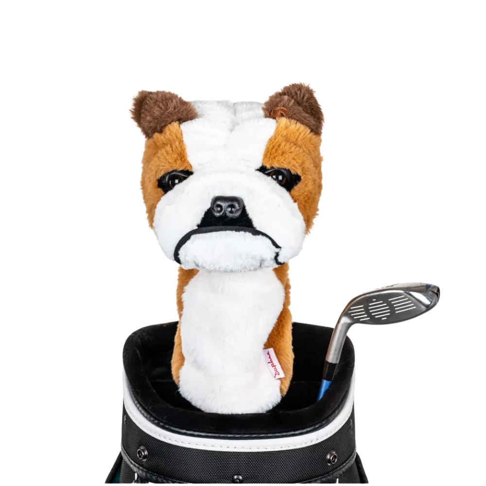 Golf club headcover shaped like a plush Bulldog.