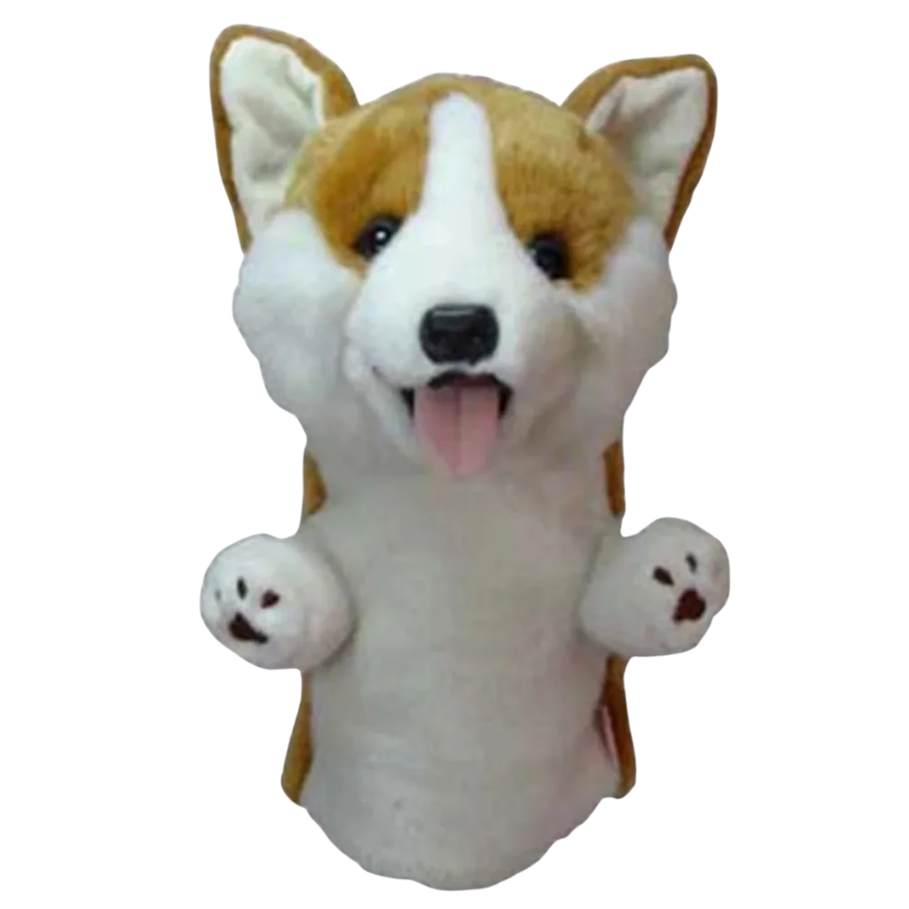 Golf club headcover shaped like a plush Corgi dog.
