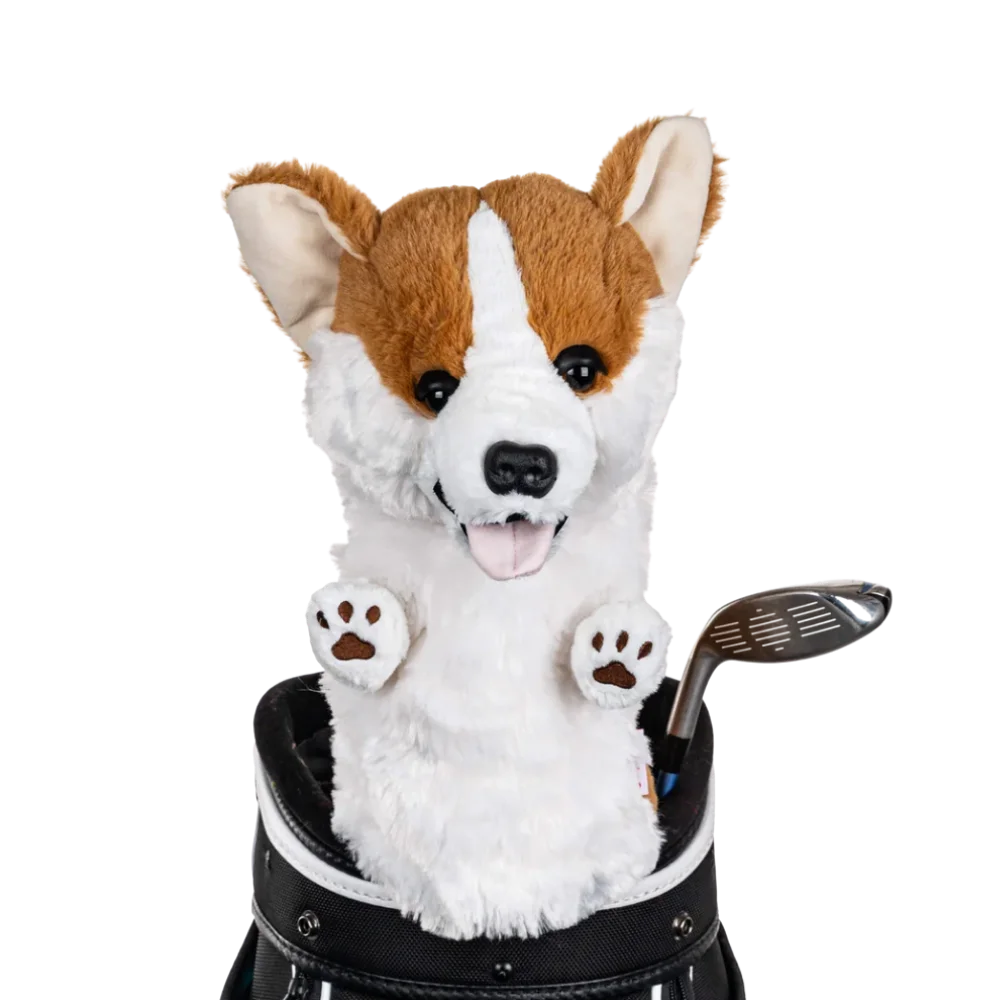 Golf club headcover shaped like a plush Corgi dog.