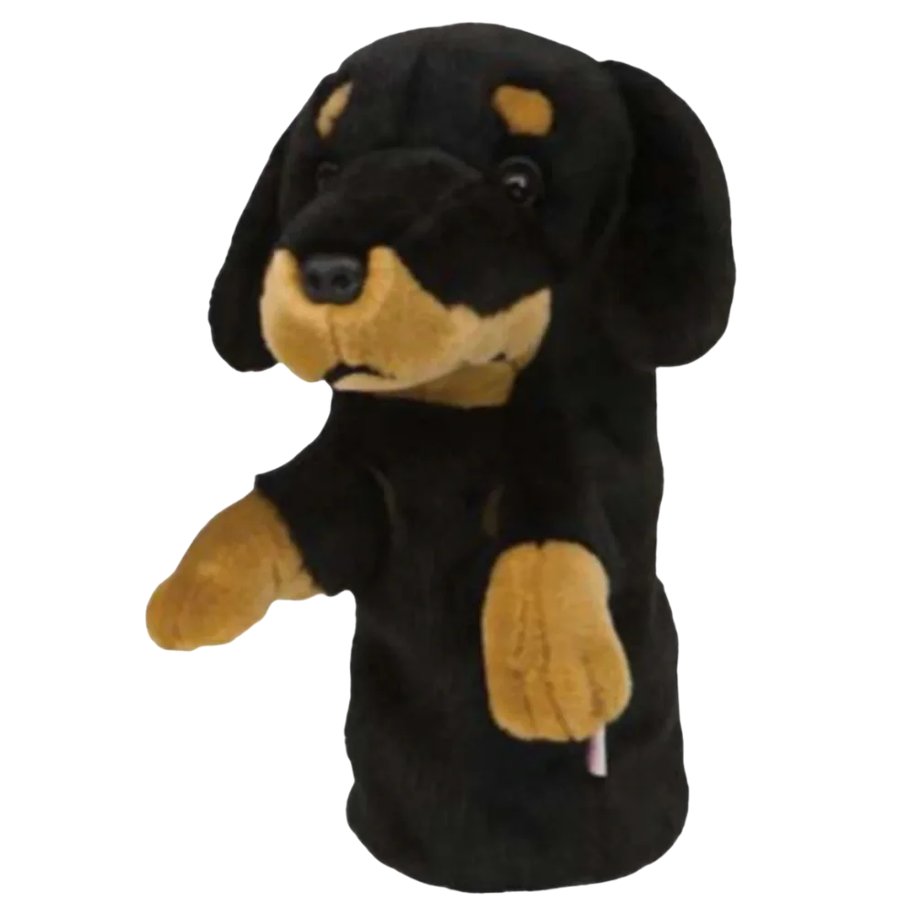 Golf club headcover shaped like a plush Daschshund dog.