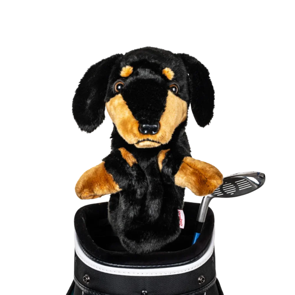 Golf club headcover shaped like a plush Daschshund dog.