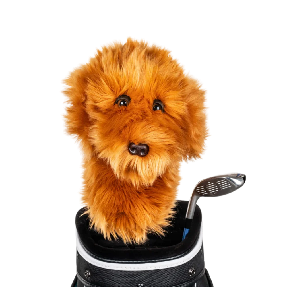 Golf club headcover shaped like a plush Doodle dog.
