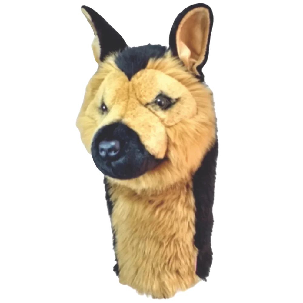 Golf club headcover shaped like a plush German Shepherd dog.