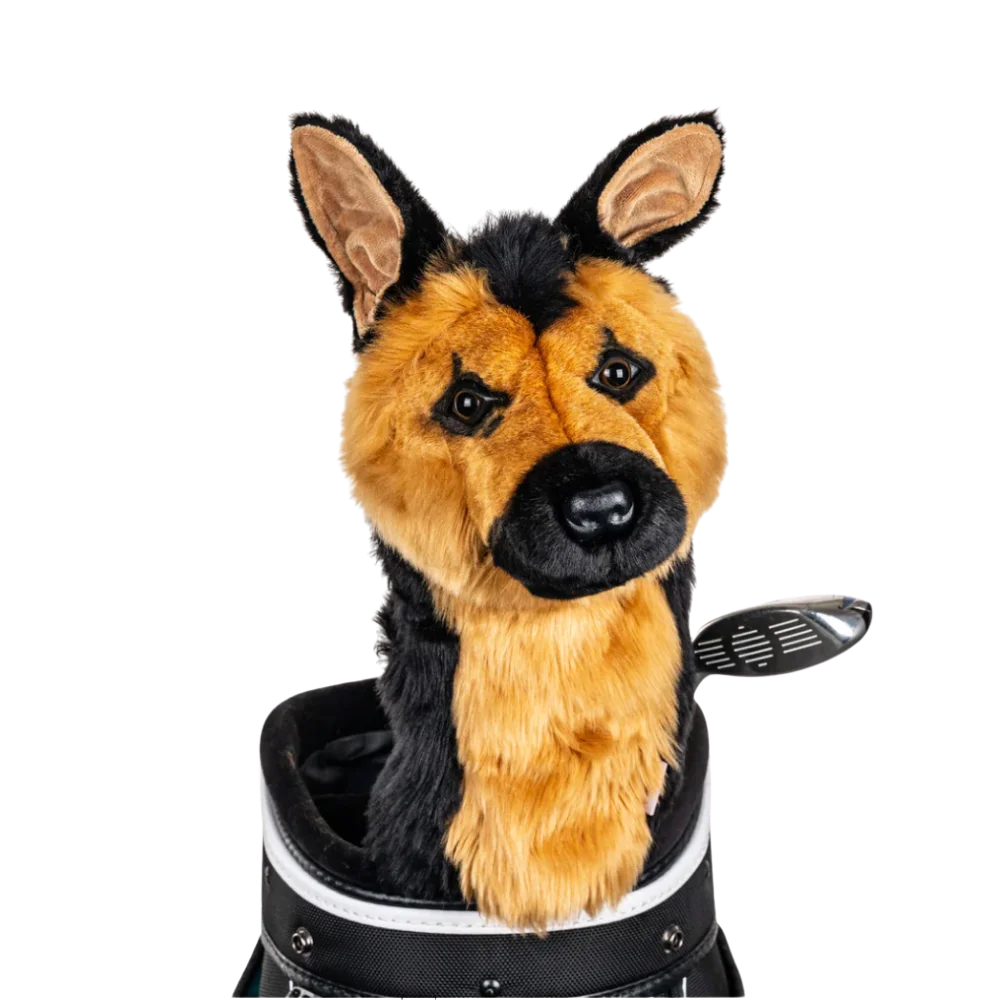 Golf club headcover shaped like a plush German Shepherd dog.