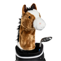 A horse-shaped golf club head cover sitting in a golf bag, with a club peeking out.