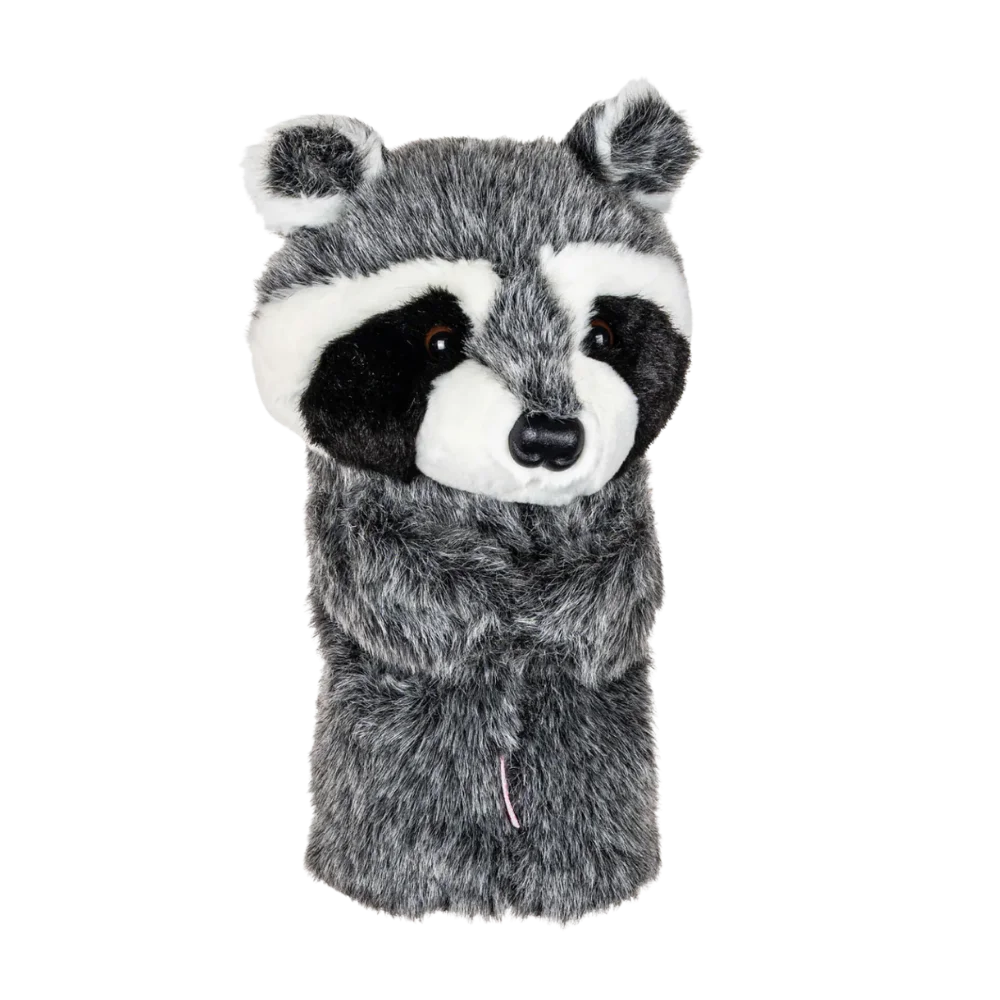 Plush golf head cover resembling a fluffy raccoon with gray fur, featuring a friendly face and upright ears.