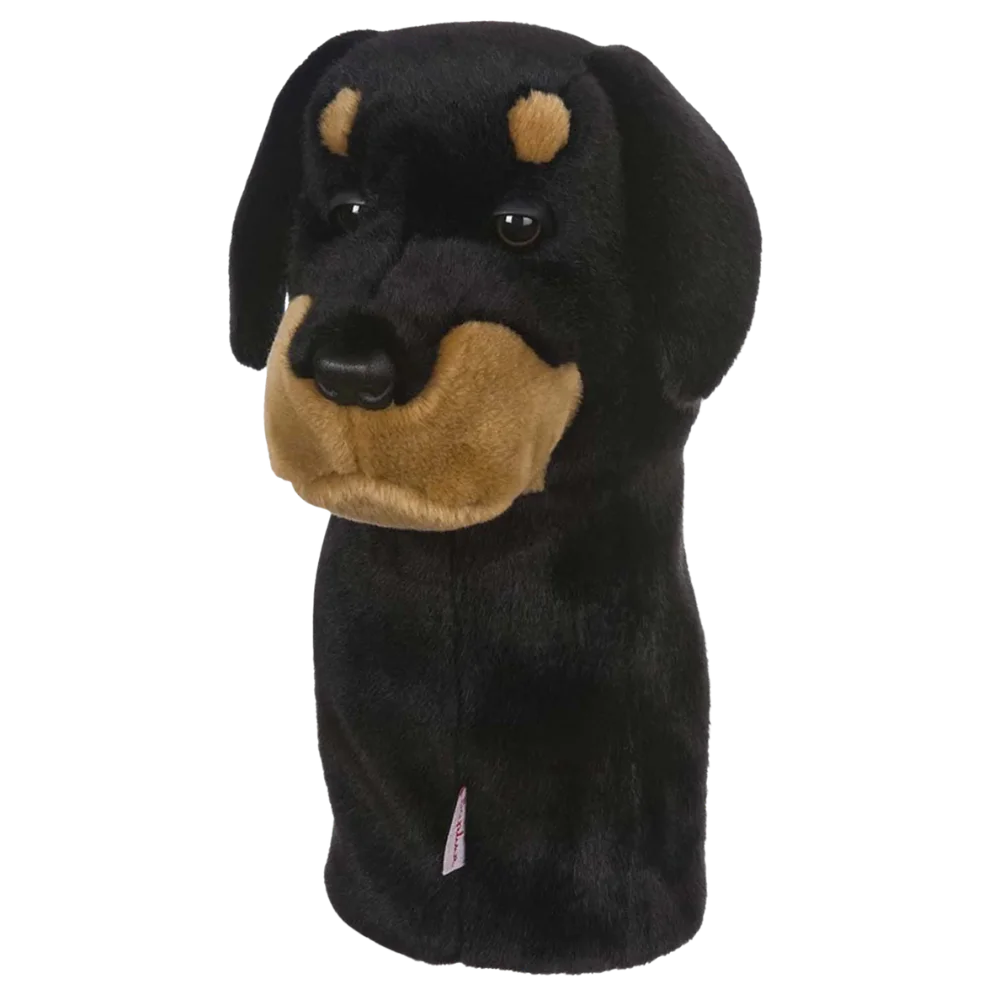 Golf club headcover shaped like a plush Rottweiler dog.
