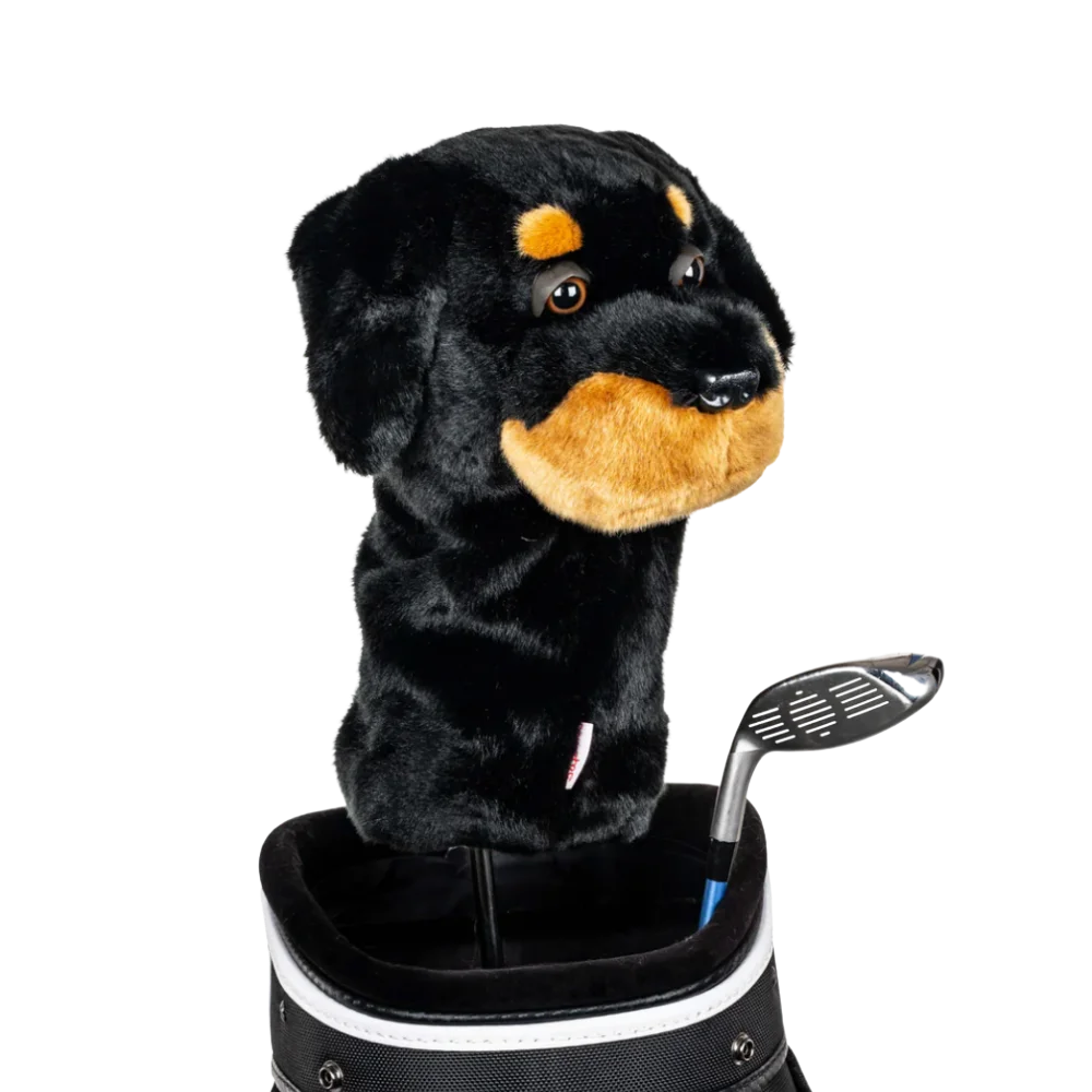 Golf club headcover shaped like a plush Rottweiler dog.