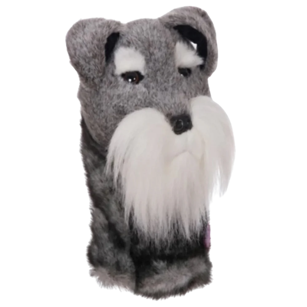 Golf club headcover shaped like a plush Schnauzer dog.